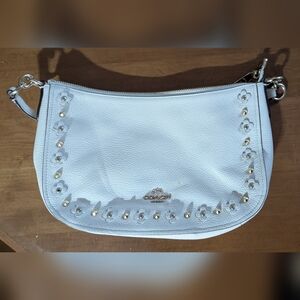 Coach White Leather Shoulder Bag with Gold Floral Accents